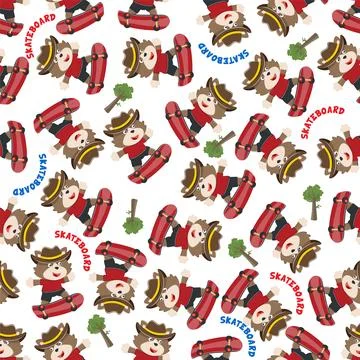 Seamless pattern vector of cute little fox on skate board, 스톡 일러스트