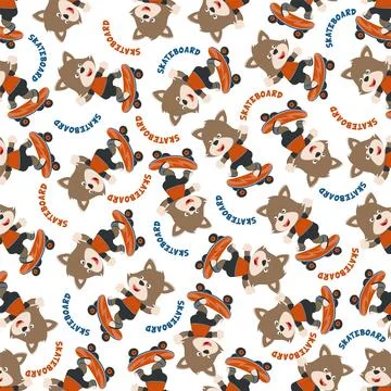 Seamless pattern vector of cute little fox on skate board, Illustrazione stock