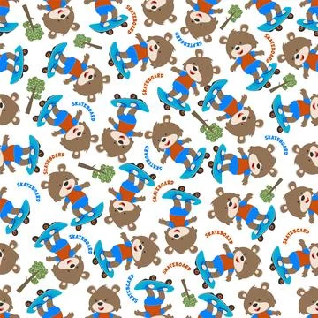 Seamless pattern vector of cute little fox on skate board, Stock Illustration