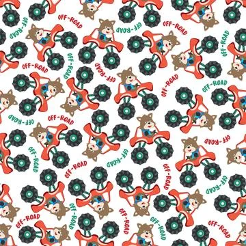 Seamless pattern vector of cute little fox driving monster truck. Stock Illustration