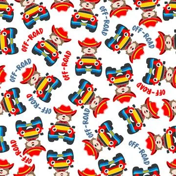 Seamless pattern vector of cute little fox driving monster truck. Stock Illustration