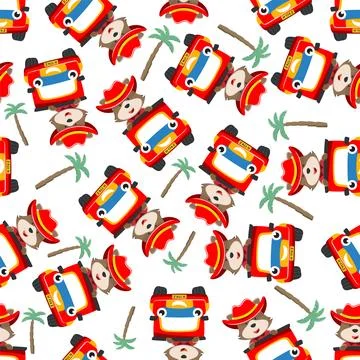 Seamless pattern vector of cute little fox driving monster truck. 스톡 일러스트