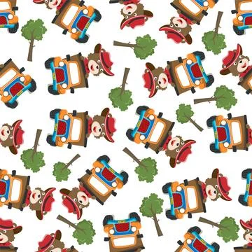 Seamless pattern vector of cute little fox driving monster truck. Illustrazione stock