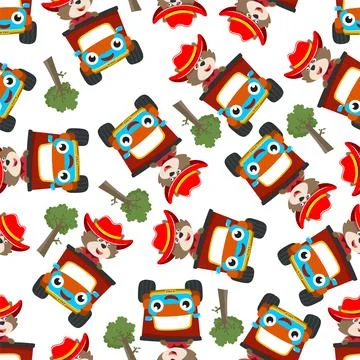 Seamless pattern vector of cute little fox driving monster truck. Illustrazione stock