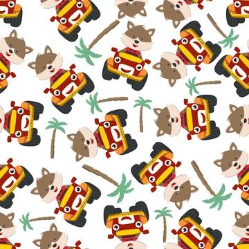Seamless pattern vector of cute little fox driving monster truck. Stock Illustration
