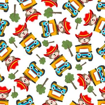Seamless pattern vector of cute little fox driving monster truck. 스톡 일러스트