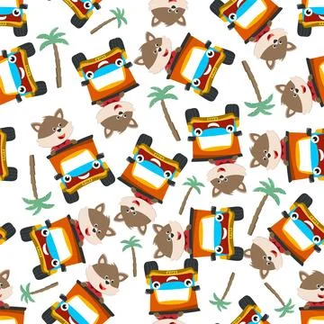 Seamless pattern vector of cute little fox driving monster truck. Stock Illustration