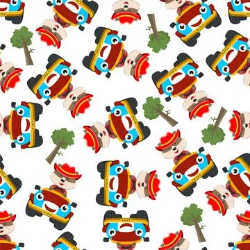 Seamless pattern vector of cute little fox driving monster truck. 스톡 일러스트