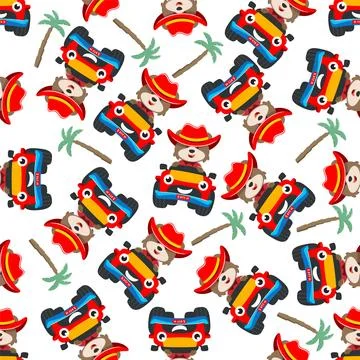 Seamless pattern vector of cute little fox driving monster truck. Stock Illustration