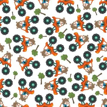 Seamless pattern vector of cute little fox driving monster truck Stock Illustration
