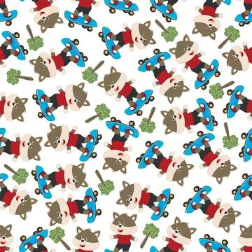Seamless pattern vector of cute little fox on skate board, 스톡 일러스트