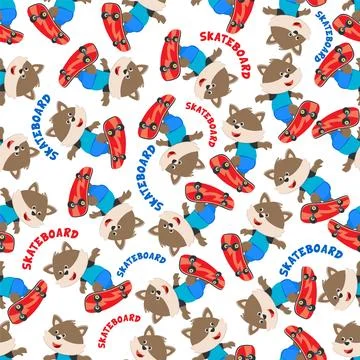 Seamless pattern vector of cute little fox on skate board, イラスト素材