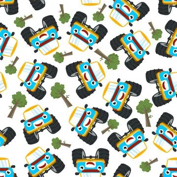 Seamless pattern vector of cute monster truck. Stock Illustration