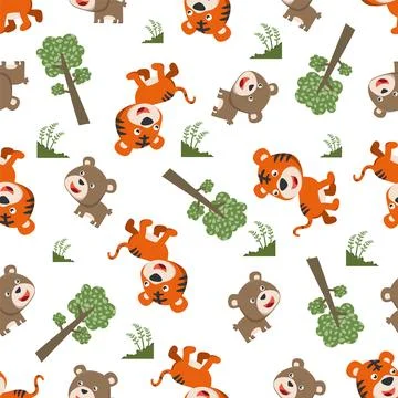 Seamless pattern vector of cute tiger and bear in the jungle. Stock Illustration