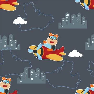 Seamless pattern vector of cute tiger flying in airplane cartoon hand drawn Stock Illustration