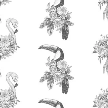Seamless pattern. Vector drawing bird Flamingo, Tukan with blooming flowers 스톡 일러스트