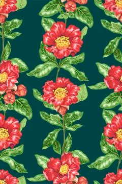 Seamless pattern in vector drawing with vectical branch of blooming pomegrana Stock Illustration
