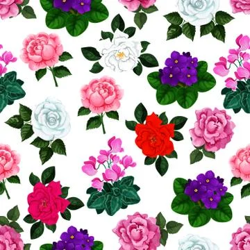Seamless pattern of vector garden flowers bouquets Stock Illustration