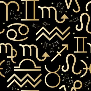 Seamless pattern with vector golden zodiac signs on black. Illustrazione stock