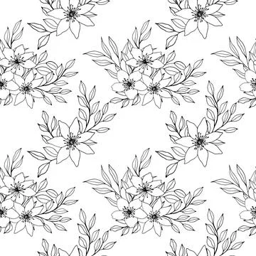 Seamless pattern with vector hand drawn flower, leaves and branch composition Stock Illustration