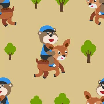 Seamless pattern vector of happy cute bear riding cute deer. Illustrazione stock