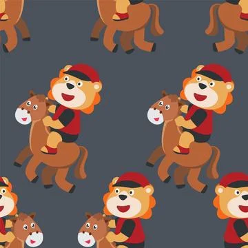 Seamless pattern vector of happy cute lion riding cute horse. イラスト素材
