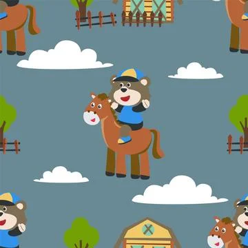 Seamless pattern vector of happy cute bear riding cute horse. Stockillustratie