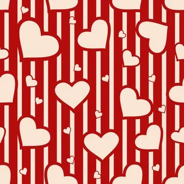 Seamless pattern of vector hearts on a striped retro background in red Stock Illustration