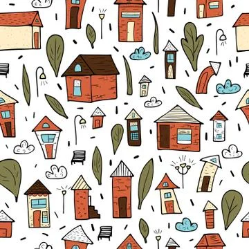 Seamless pattern of vector houses, trees and clouds. Endless background in do 스톡 일러스트