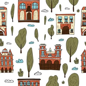 Seamless pattern of vector houses, trees and clouds. Endless background in do 스톡 일러스트