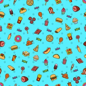 Seamless pattern vector icons fast food in a flat style that depicts hot do.. Stock Illustration