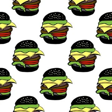 Seamless pattern vector illustration a blacks gamburger in cartoon style on Stock Illustration