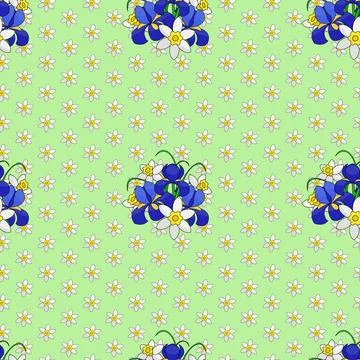 Seamless pattern vector illustration, flowers bouquet blue irises and daffodils Stock Illustration