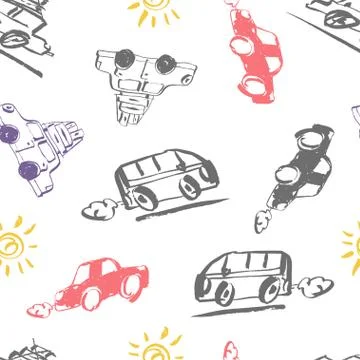 Seamless pattern vector illustration. Hand drawn retro car with suitcases and Stock Illustration