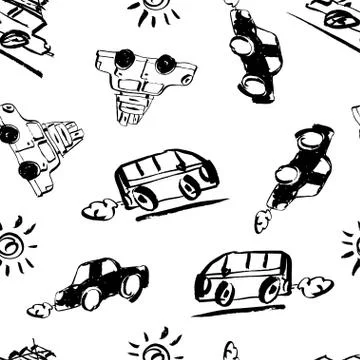 Seamless pattern vector illustration. Hand drawn retro car with suitcases and Stock Illustration