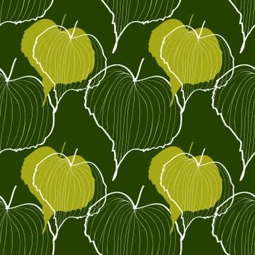 Seamless pattern vector illustration leaves in graphic style on a dark green Stock Illustration
