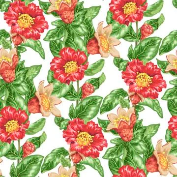 Seamless pattern vector illustration with pomegranate blooming branches 스톡 일러스트
