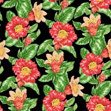 Seamless pattern vector illustration with pomegranate blooming branches Illustrazione stock
