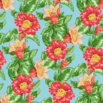 Seamless pattern in vector illustration with pomegranate fruits and flowers Stock Illustration