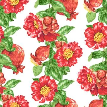 Seamless pattern in vector illustration with pomegranate fruits and flowers Stock Illustration