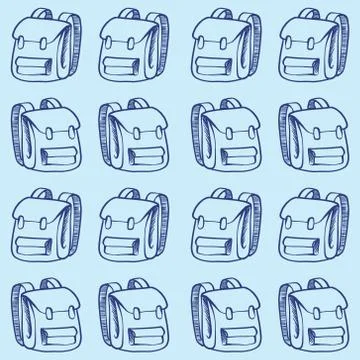 Seamless pattern of vector illustration of a school backpack on a blue Stock Illustration