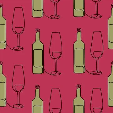 Seamless pattern. Vector illustration of a wine bottle and a glass. Drawing in Stock Illustration