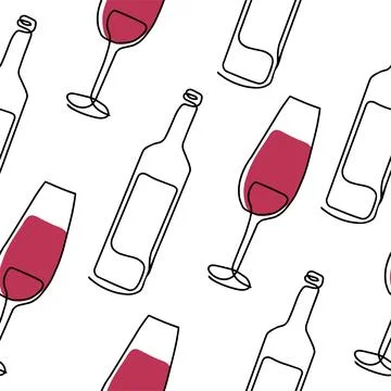 Seamless pattern. Vector illustration of a wine bottle and a glass. Drawing in Illustrazione stock