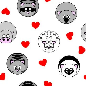 Seamless pattern with vector illustrations of round animals and red hearts Illustrazione stock