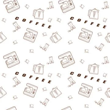 Seamless pattern vector kitchen icons in the style of line art with text. Stock Illustration