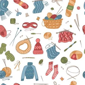 Seamless pattern vector. Knitting tools, yarn, wools, knitting needles 스톡 일러스트