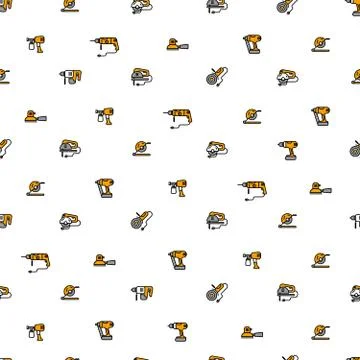 Seamless pattern with vector linear icons of construction tools isolated on w Stock Illustration