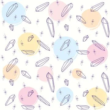 Seamless pattern vector magic colored healing crystals. Line art, watercolors. Stock Illustration