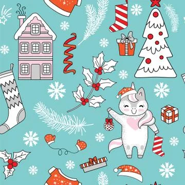 Seamless pattern vector Merry Christmas unicorn and elements Stock Illustration