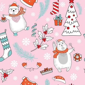 Seamless pattern vector Merry Christmas elements and bear Stock Illustration